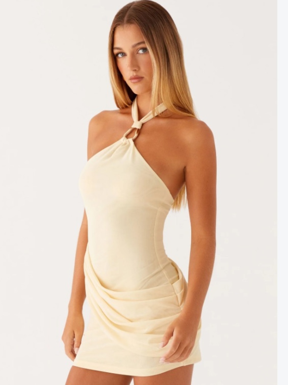 Peppermayo Butter Yellow Halter Ruched Mini Dress NWT